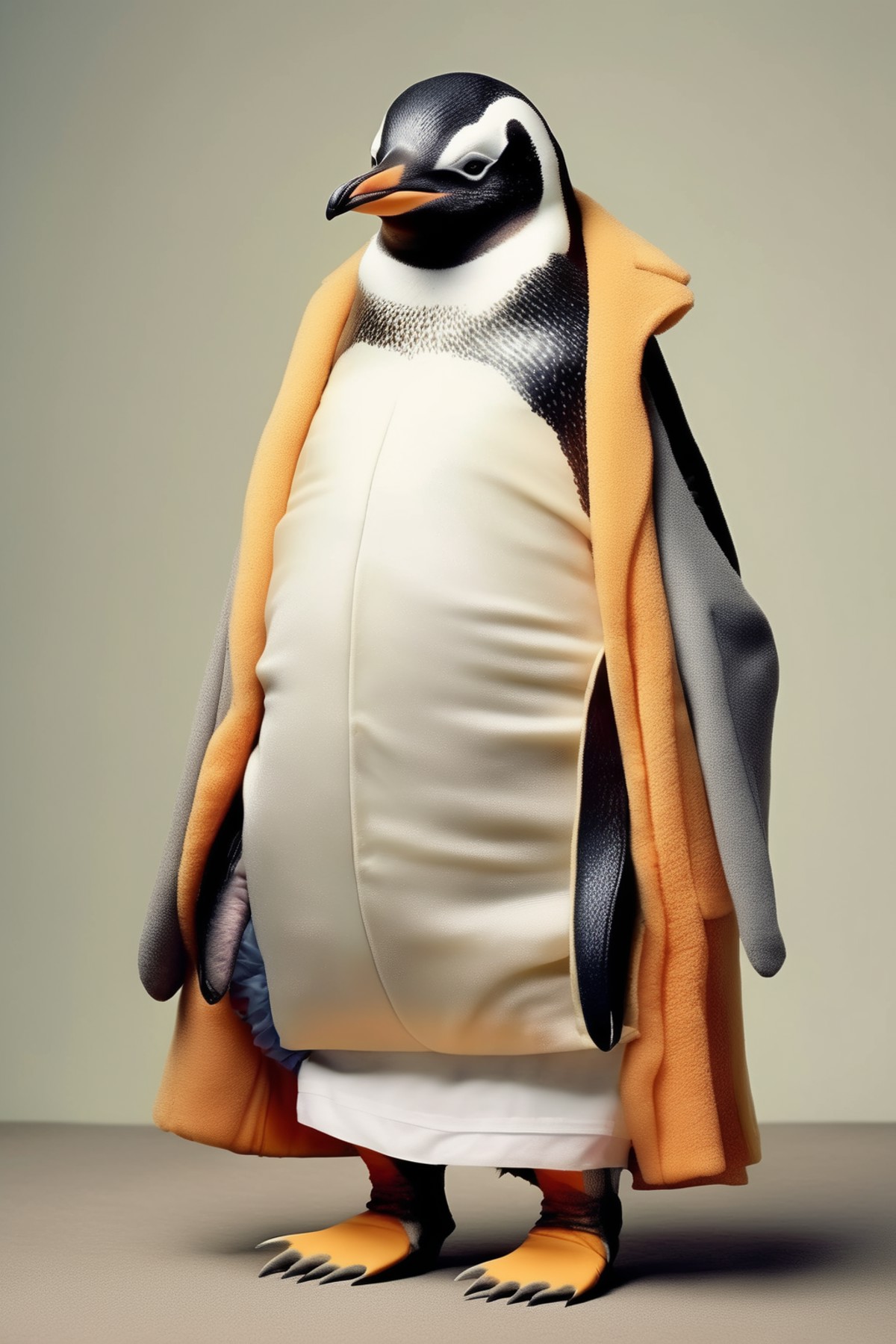 <lora:Dressed animals:1>Dressed animals - a penguin using very large clothes